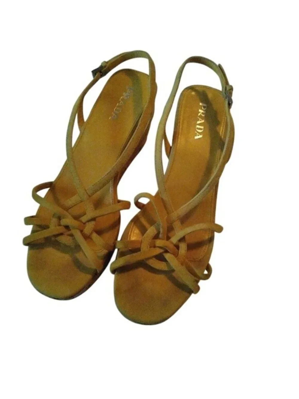 Prada Women's Golden Yellow Suede Cork Wedge Heels, 38 or size 7.5